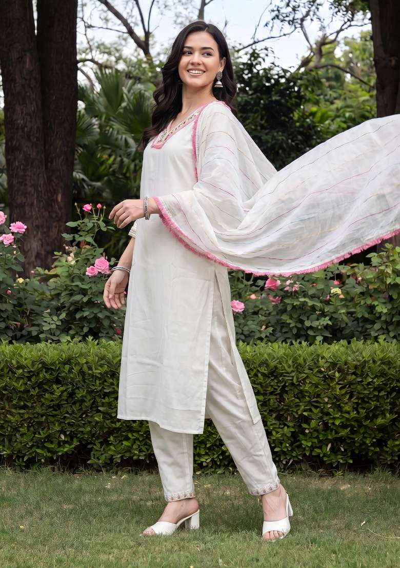 White Embroidery Silk Kurta Set - Indya
