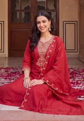 Red Embroidery Silk Kurta Set
