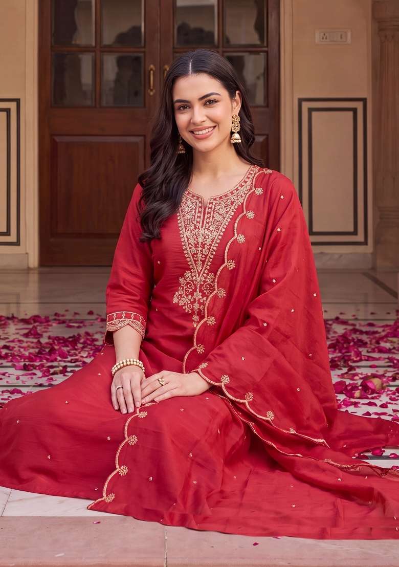 Red Embroidery Silk Kurta Set - Indya