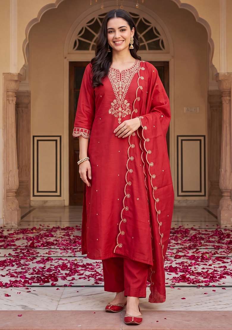 Red Embroidery Silk Kurta Set - Indya