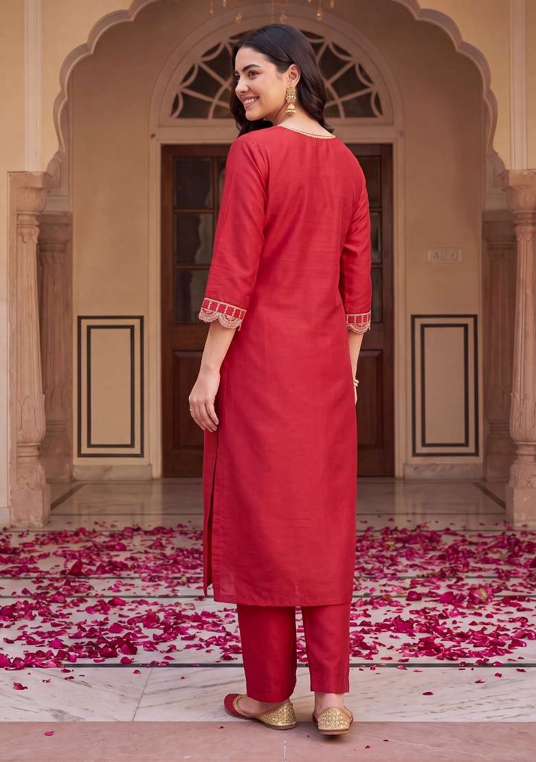 Red Embroidery Silk Kurta Set - Indya