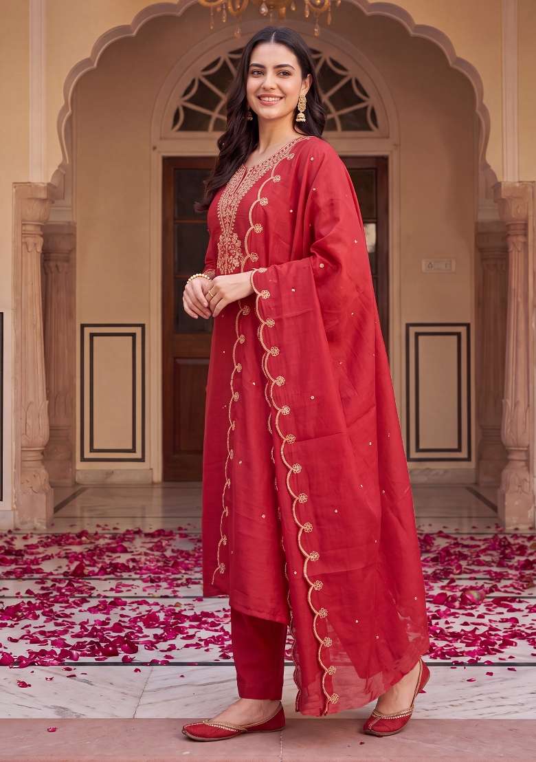 Red Embroidery Silk Kurta Set - Indya