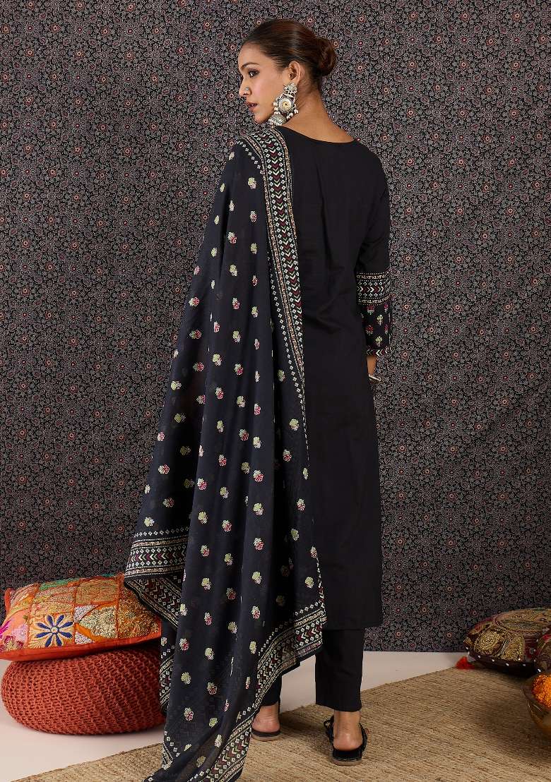 Black Printed Cotton Kurta Set - Indya