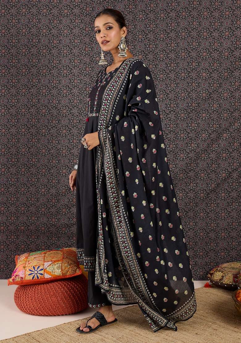 Black Printed Cotton Kurta Set - Indya