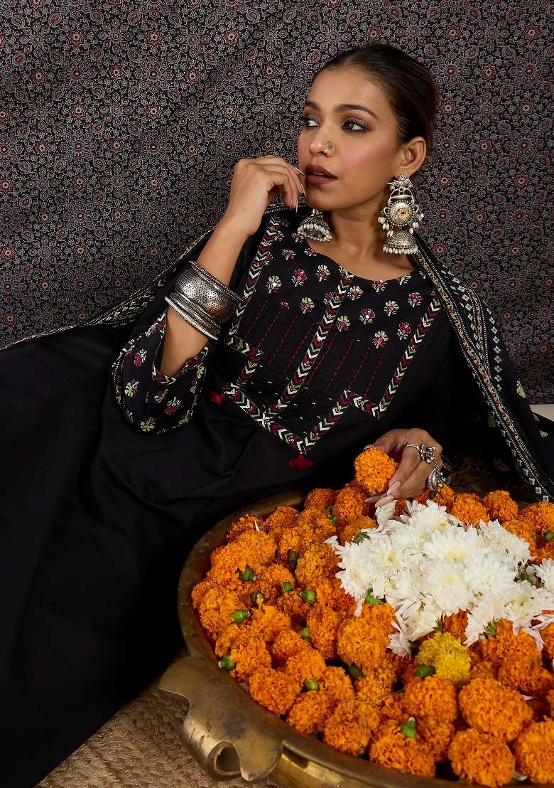 Black Printed Cotton Kurta Set - Indya