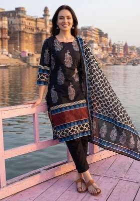 Black Printed Cotton Kurta Set