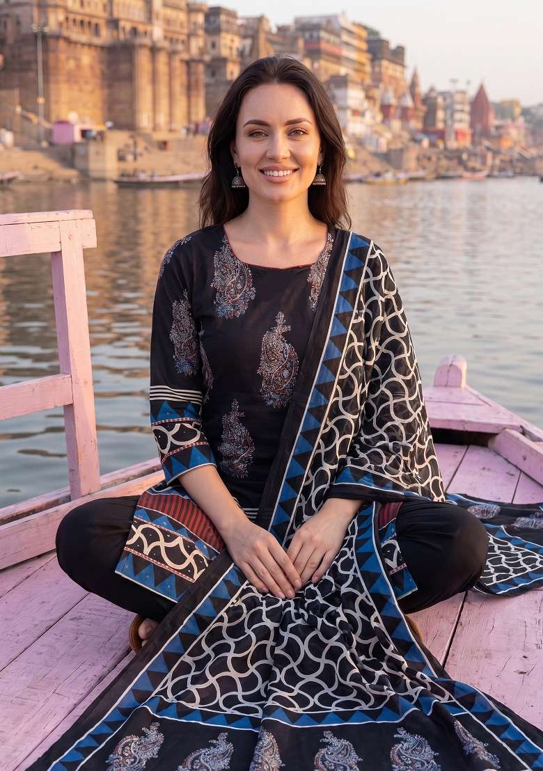 Black Printed Cotton Kurta Set - Indya
