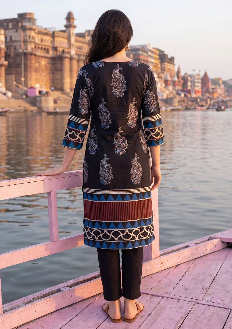 Black Printed Cotton Kurta Set - Indya