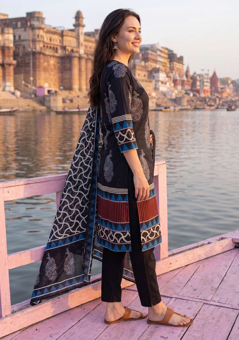 Black Printed Cotton Kurta Set - Indya