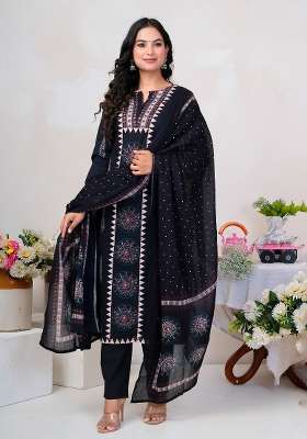 Black Printed Cotton Kurta Set