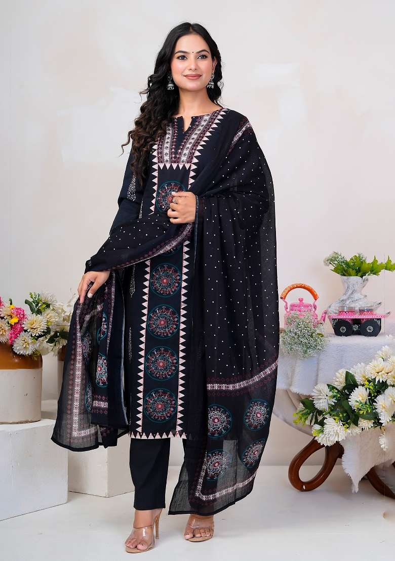 Black Printed Cotton Kurta Set - Indya