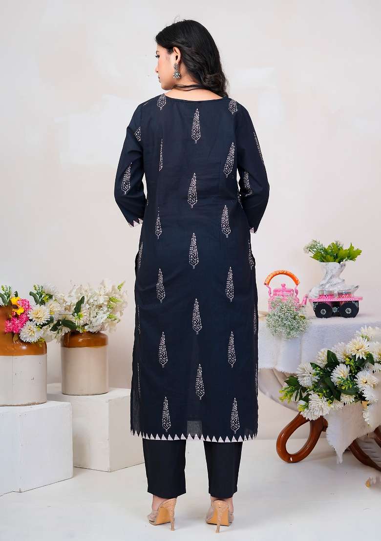 Black Printed Cotton Kurta Set - Indya
