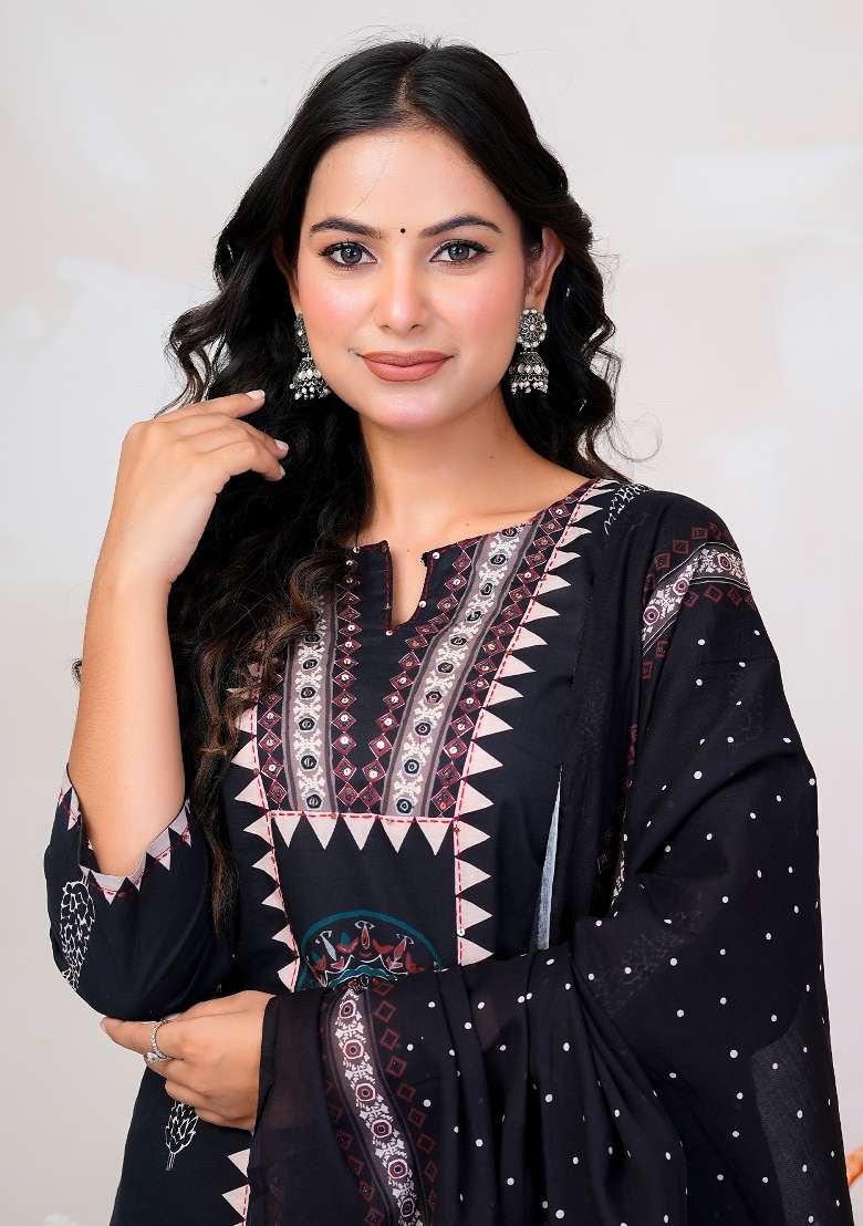 Black Printed Cotton Kurta Set - Indya