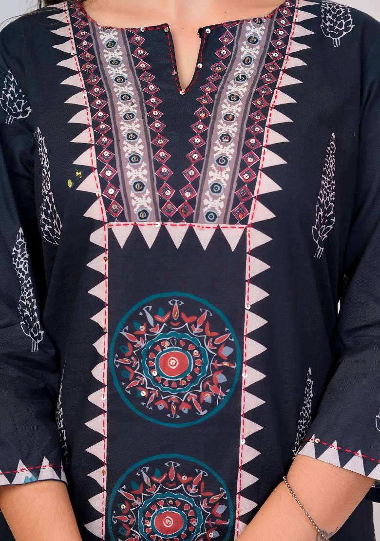 Black Printed Cotton Kurta Set - Indya