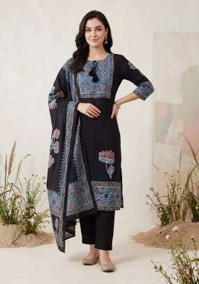 Black Printed Cotton Kurta Set
