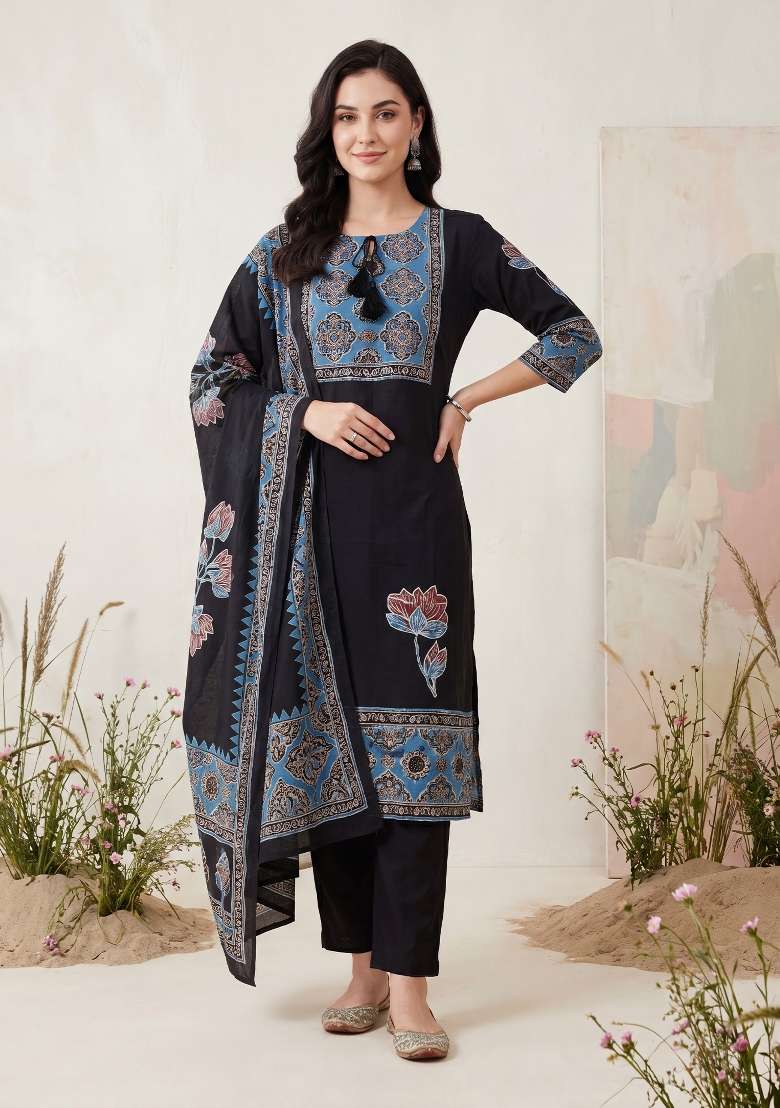 Black Printed Cotton Kurta Set - Indya