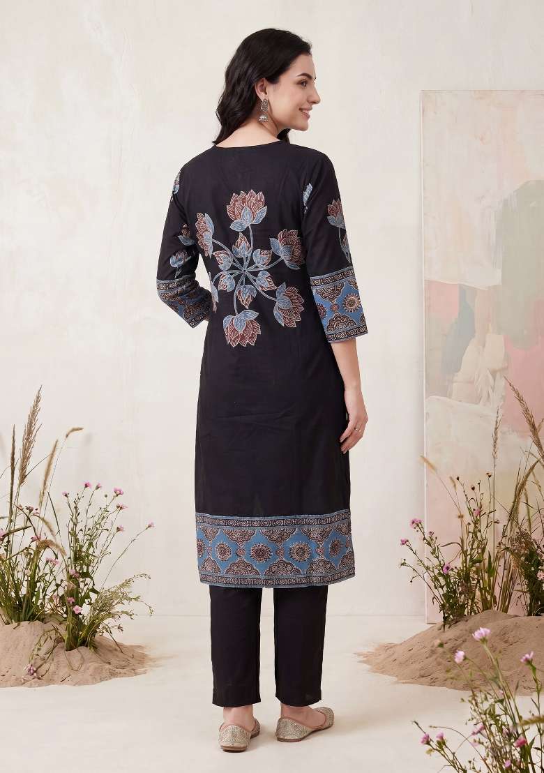 Black Printed Cotton Kurta Set - Indya