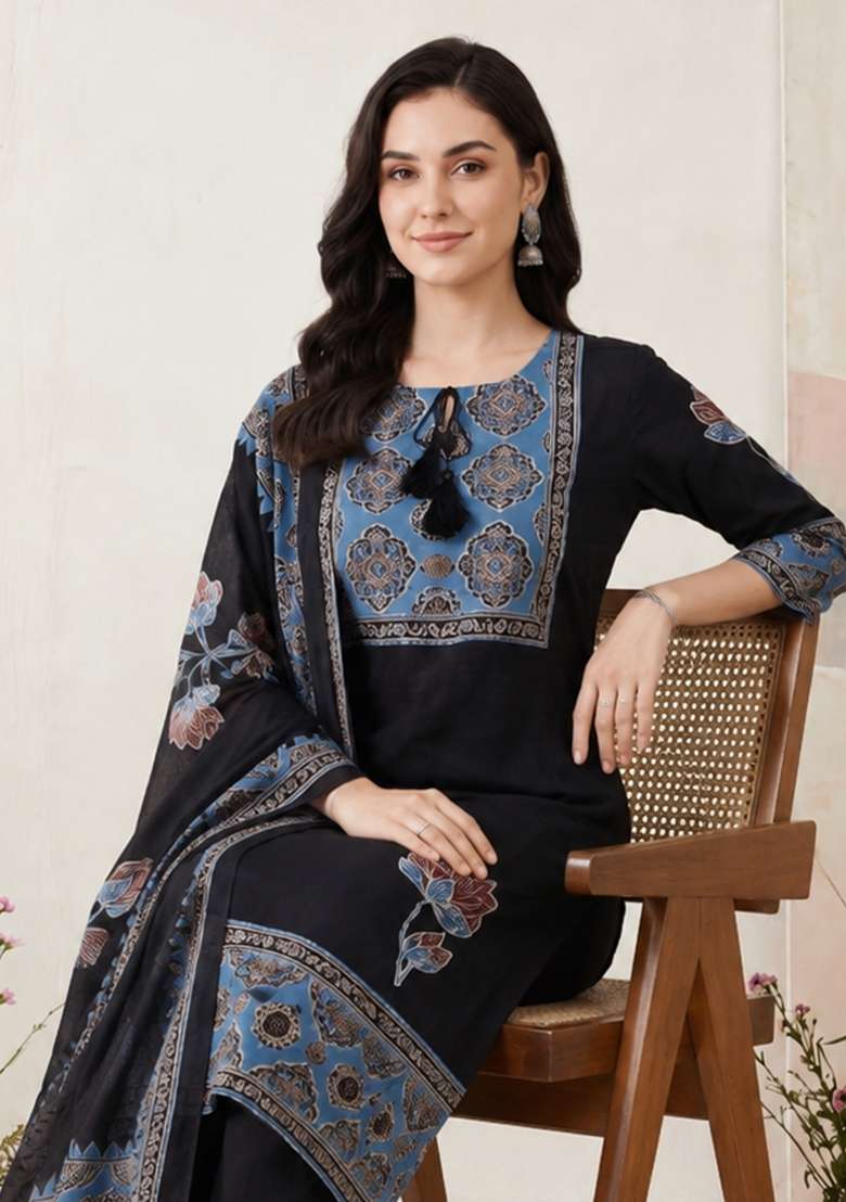 Black Printed Cotton Kurta Set - Indya