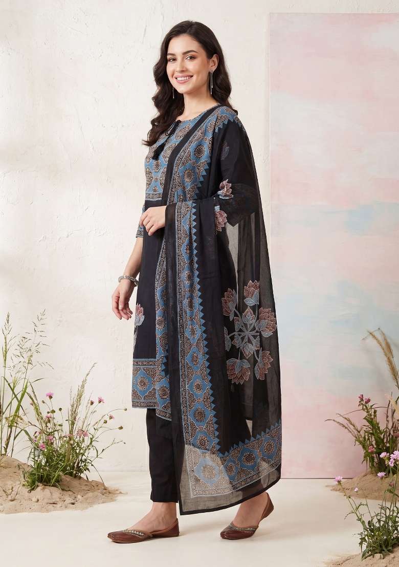 Black Printed Cotton Kurta Set - Indya