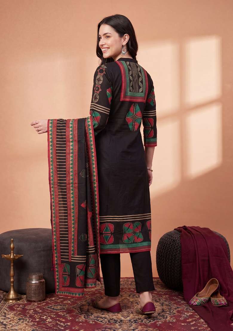 Black Printed Cotton Kurta Set - Indya