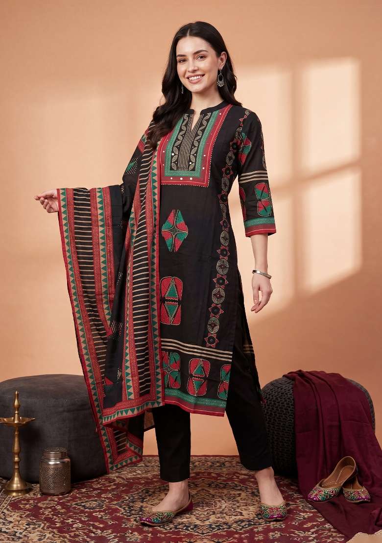 Black Printed Cotton Kurta Set - Indya