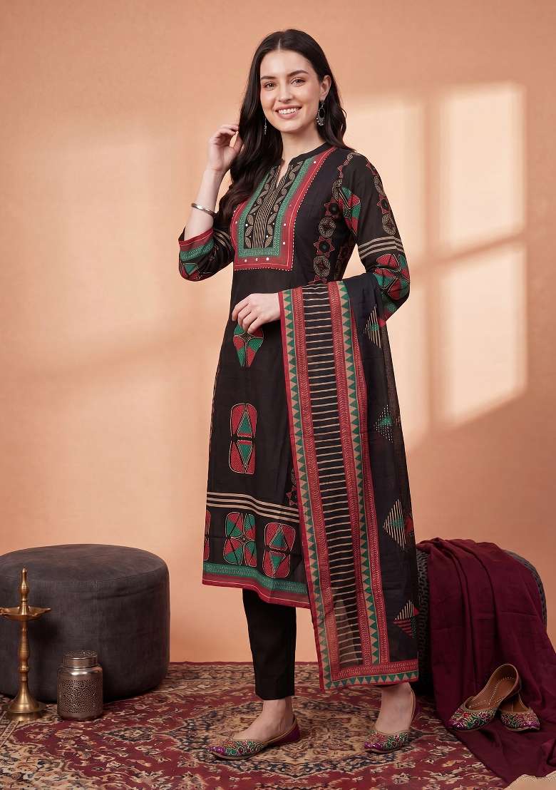 Black Printed Cotton Kurta Set - Indya