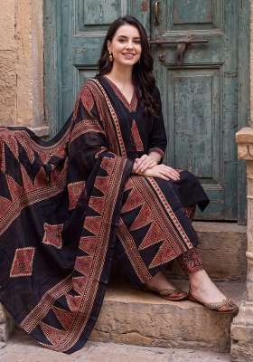 Black Printed Cotton Kurta Set