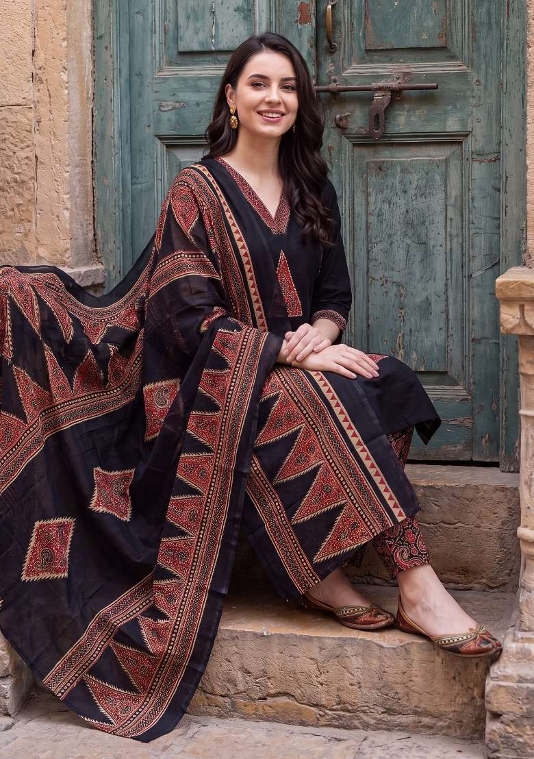 Black Printed Cotton Kurta Set - Indya