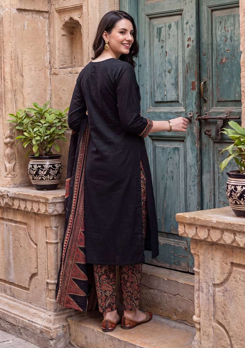 Black Printed Cotton Kurta Set - Indya
