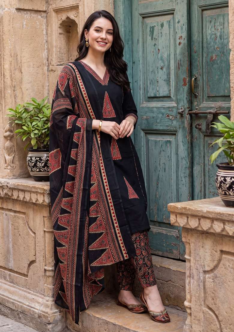 Black Printed Cotton Kurta Set - Indya