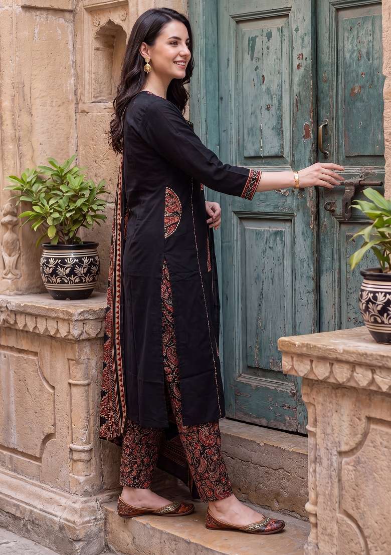 Black Printed Cotton Kurta Set - Indya