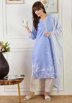 Blue Printed Linen Kurta Set