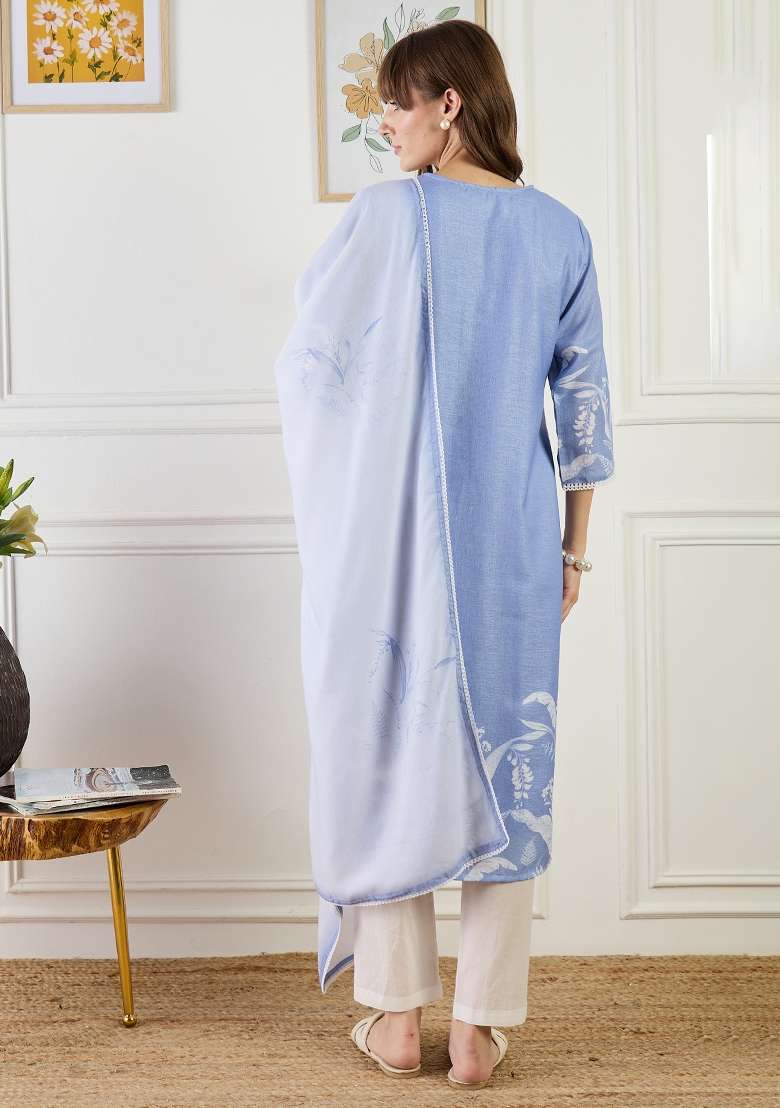 Blue Printed Linen Kurta Set - Indya