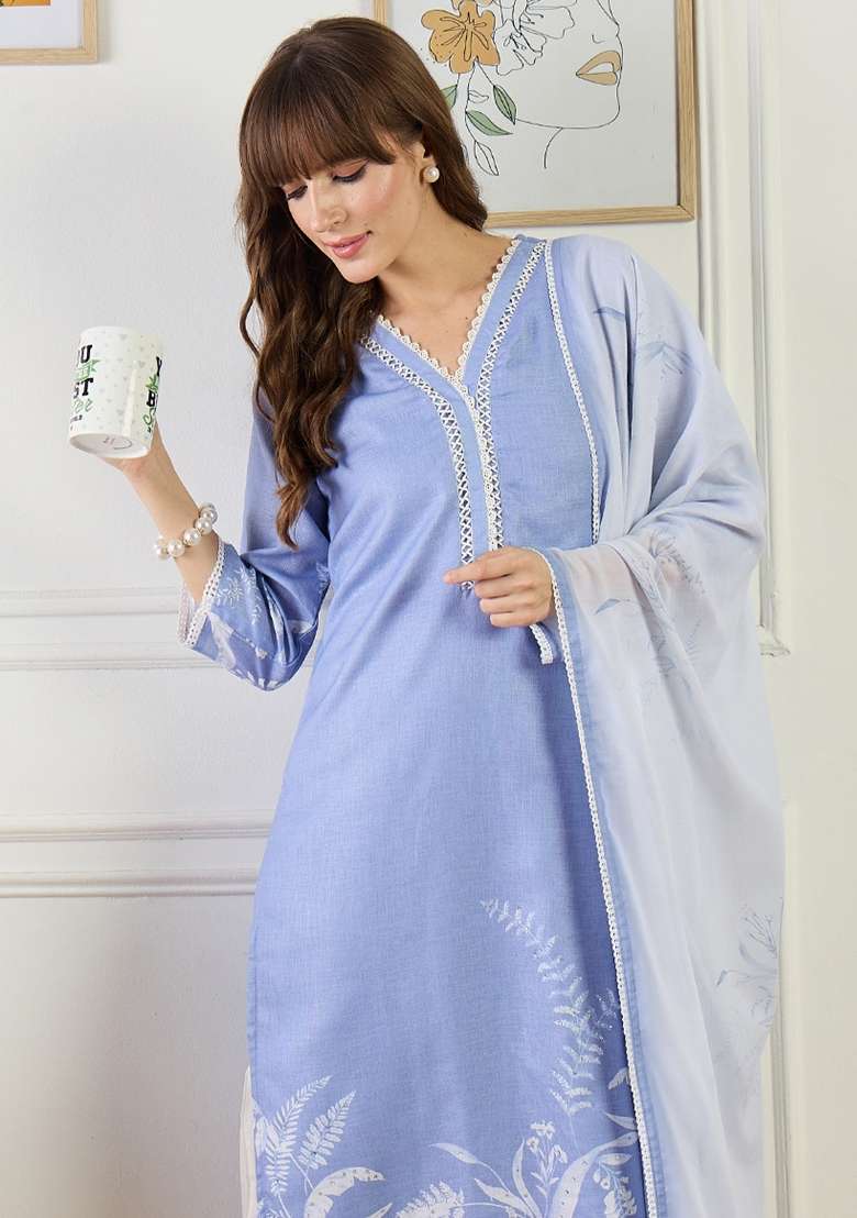 Blue Printed Linen Kurta Set - Indya