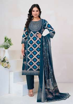 Blue Printed Cotton Kurta Set