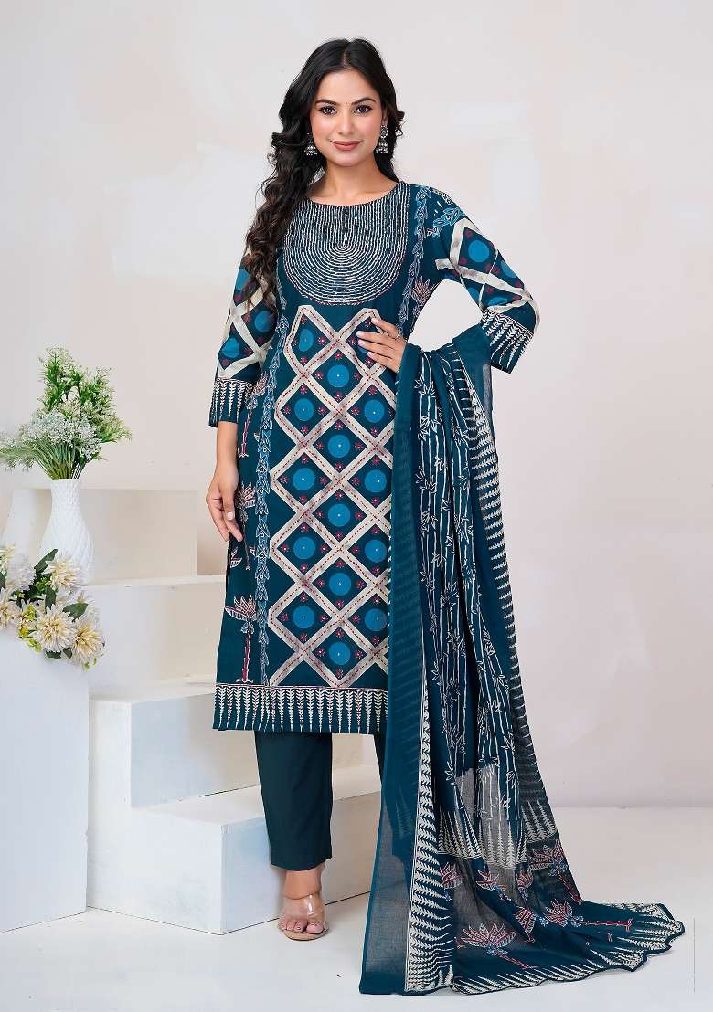 Blue Printed Cotton Kurta Set - Indya