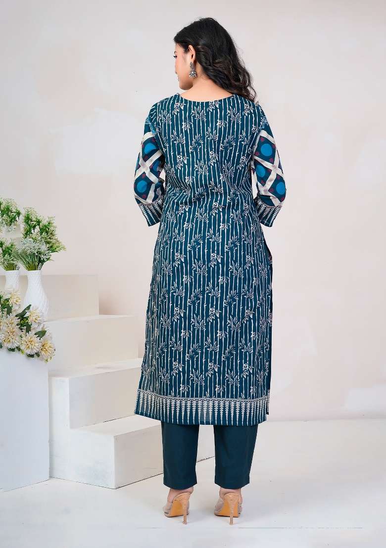 Blue Printed Cotton Kurta Set - Indya