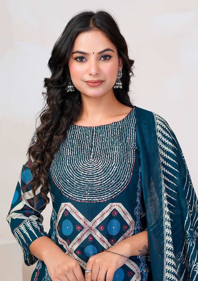 Blue Printed Cotton Kurta Set - Indya