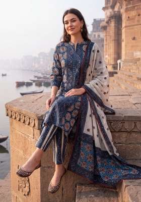 Blue Printed Cotton Kurta Set