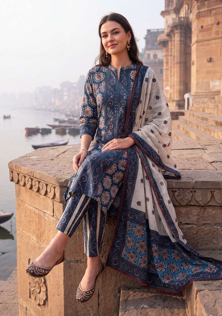Blue Printed Cotton Kurta Set - Indya