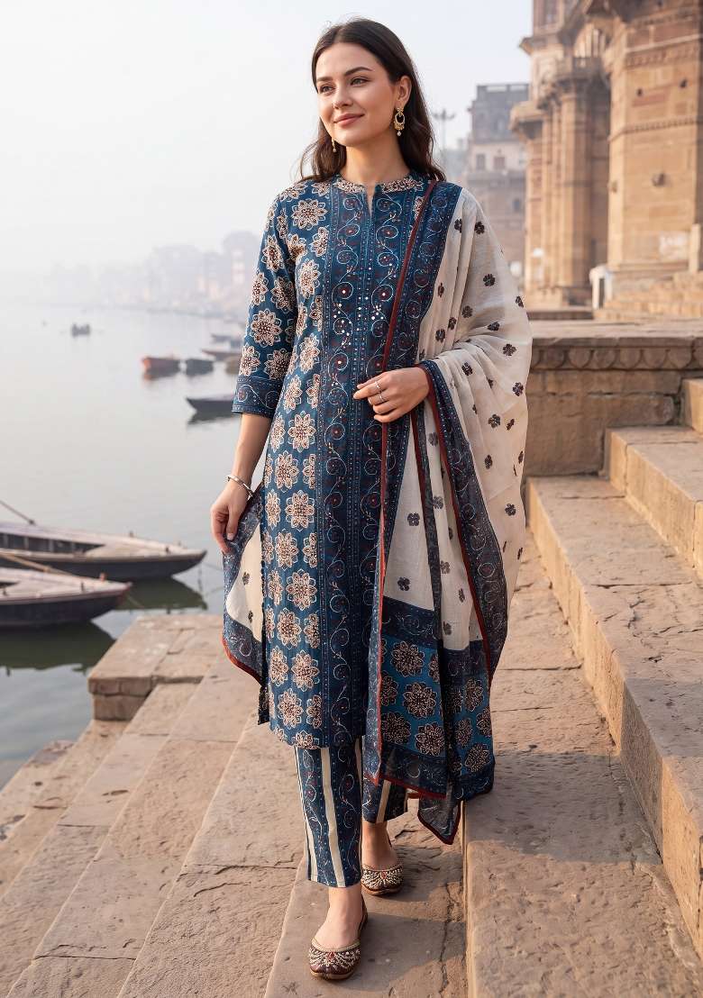 Blue Printed Cotton Kurta Set - Indya