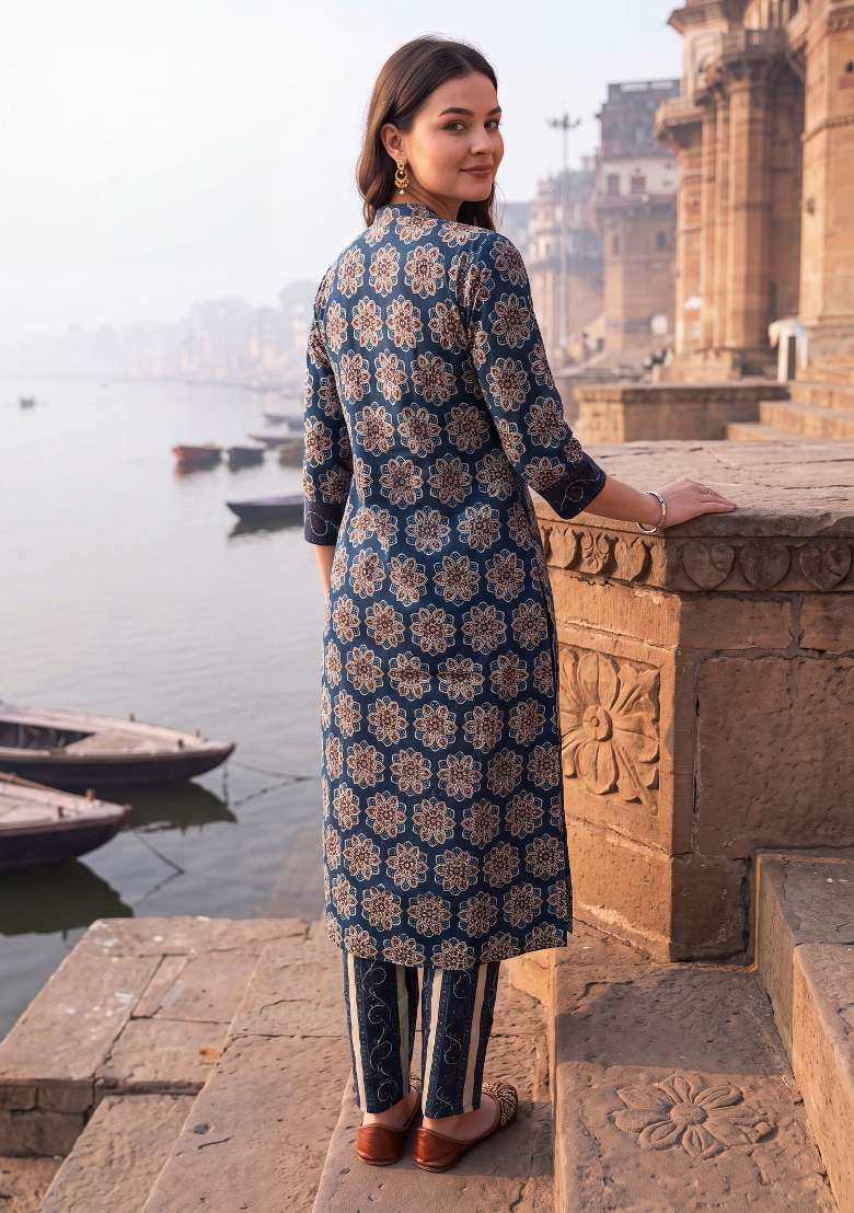 Blue Printed Cotton Kurta Set - Indya