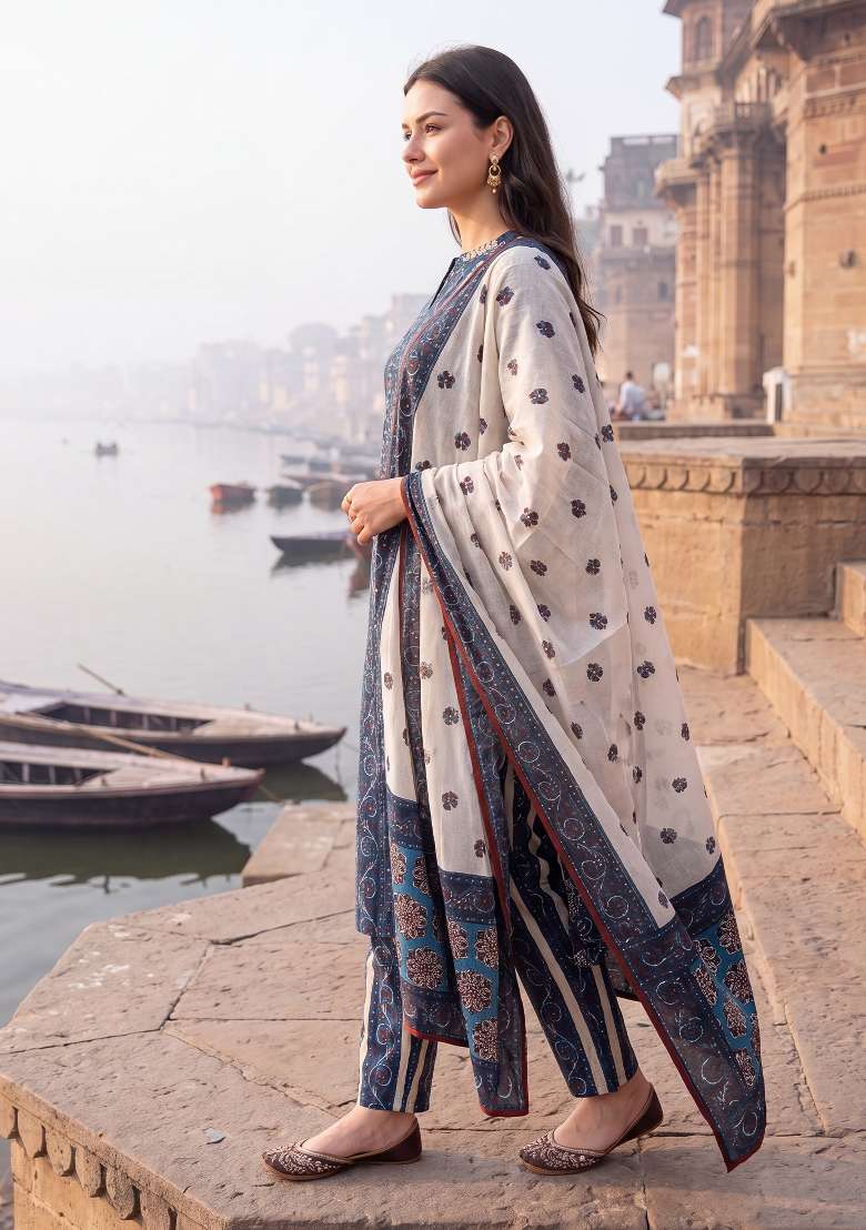 Blue Printed Cotton Kurta Set - Indya