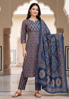Blue Printed Cotton Kurta Set