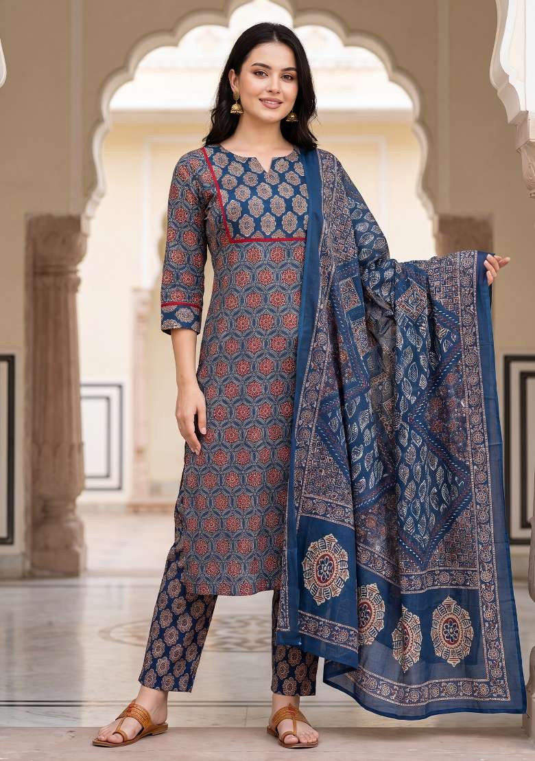 Blue Printed Cotton Kurta Set - Indya