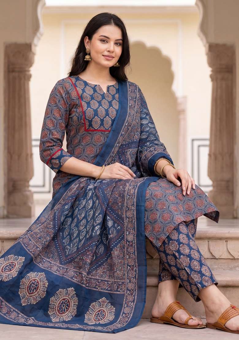 Blue Printed Cotton Kurta Set - Indya