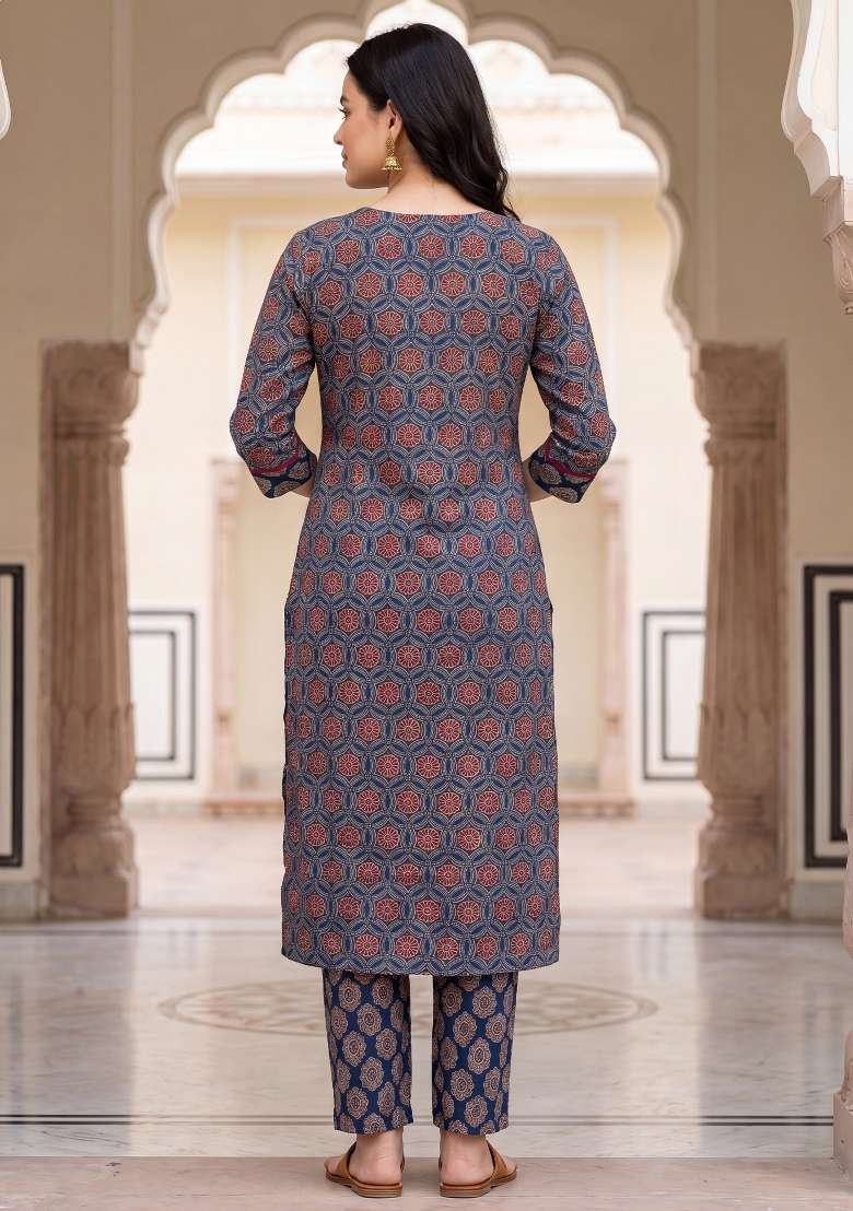 Blue Printed Cotton Kurta Set - Indya