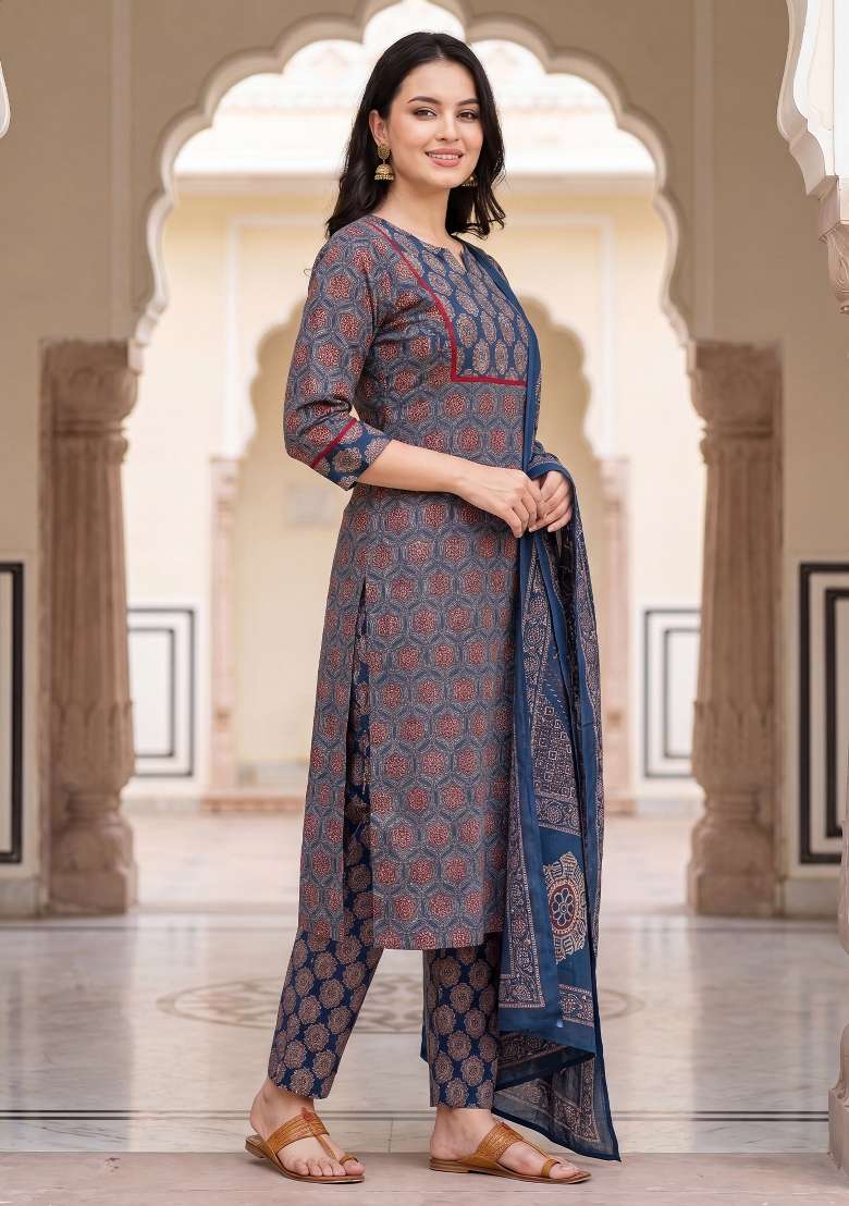 Blue Printed Cotton Kurta Set - Indya