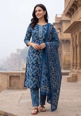 Blue Printed Cotton Kurta Set