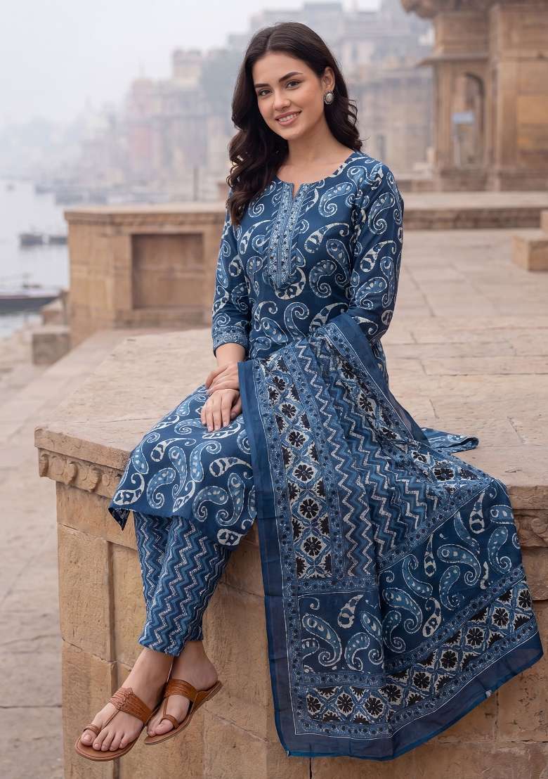Blue Printed Cotton Kurta Set - Indya